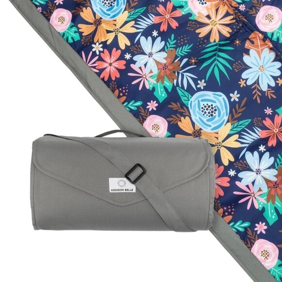 Addison Belle Outdoor Blanket for Girl in Gray/Floral Print 5x5' Picnic 60x60" - Picture 2 of 5